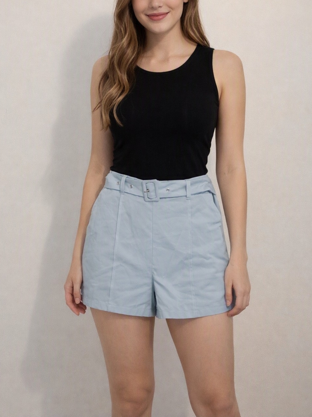SHEIN Light Blue High-Waist Belted Bermuda Shorts